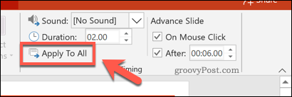 تطبيق توقيتات الشرائح على جميع الشرائح في PowerPoint