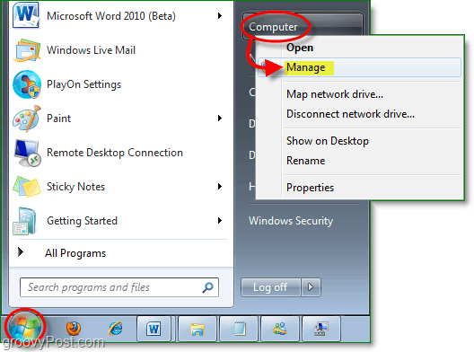 الوصول إلى مدير الجهاز من قائمة ابدأ في Windows 7