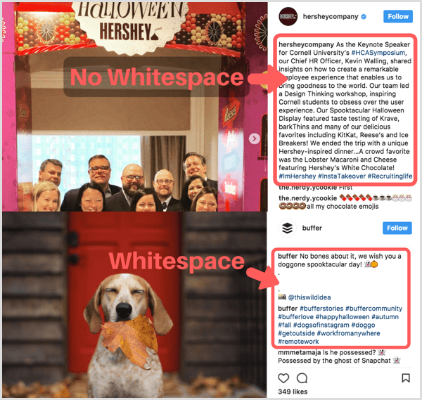 Instagram التسمية التوضيحية استخدام الفضاء الأبيض