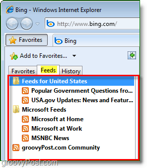 قائمة الخلاصات الشائعة الموجودة في شريط المفضلة في Internet Explorer