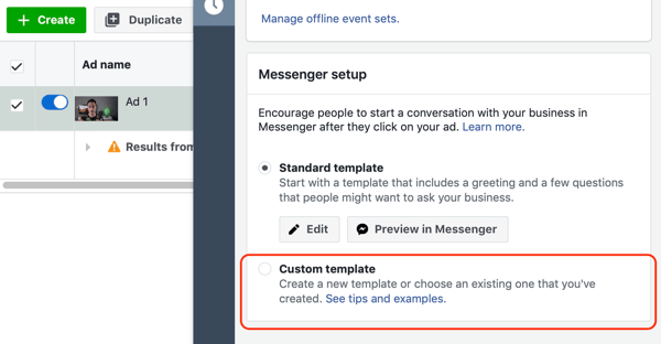 كيفية استهداف العملاء المحتملين بإعلانات Facebook Messenger ، الخطوة 10 ، خيار القالب المخصص لوجهة المراسلة