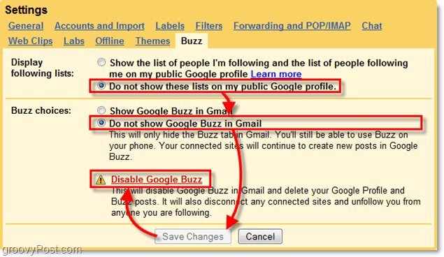في إعدادات gmail انقر فوق علامة التبويب google buzz
