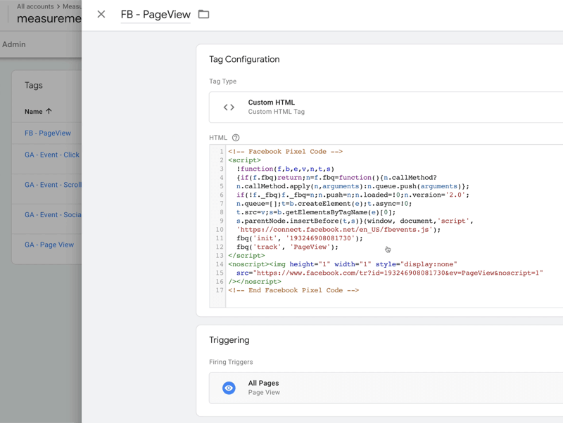 مثال على تكوين علامة google tag manager يسمى fb pageview مع تعيين نوع العلامة على html مخصص مع بعض كود html ، مع تعيين مشغلات التشغيل على جميع الصفحات