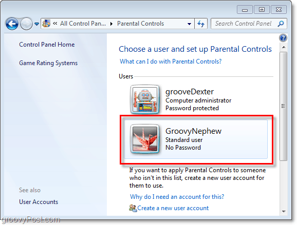 اختر مستخدمًا لضبط خصائص أدوات الرقابة الأبوية في Windows 7