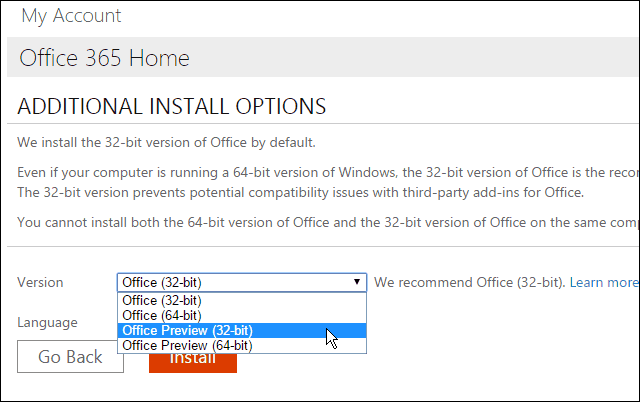 تثبيت معاينة Office 2016