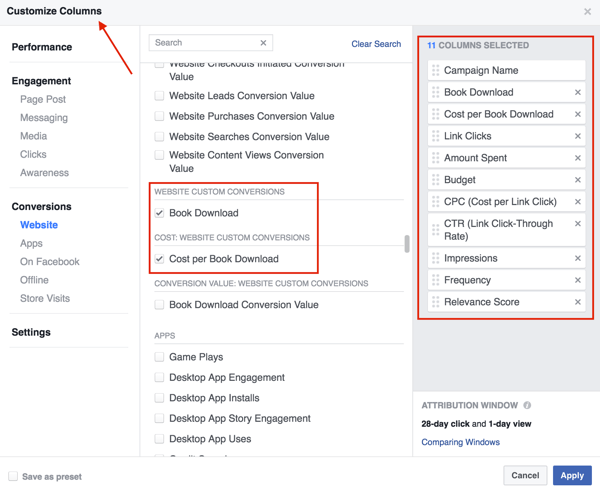 حدد الأعمدة التي تريد إضافتها إلى جدول نتائج إعلانات Facebook.