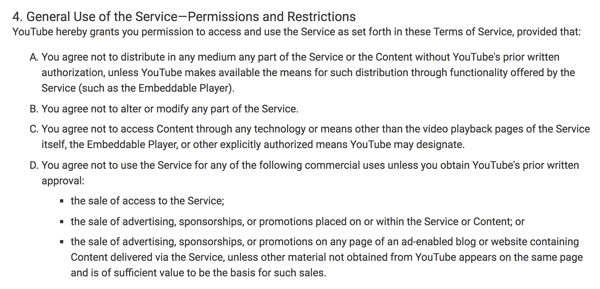 تحدد شروط خدمة YouTube بوضوح الاستخدامات التجارية المقيدة للمنصة.