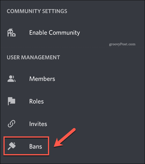 خيار قائمة Bans في قائمة إعدادات تطبيق Discord