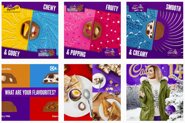 يركز موجز Instagram الخاص بشركة Cadbury على اللون الأرجواني المميز.