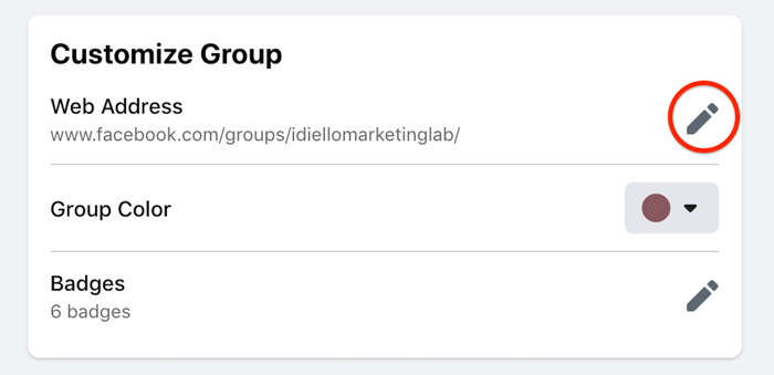تم تمييز خيار تخصيص إعدادات المجموعة في facebook لتحرير عنوان الويب