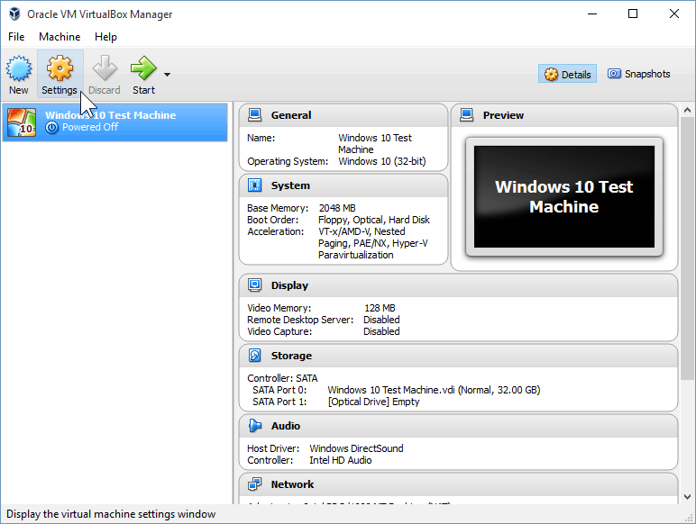 09 فتح إعدادات VirtualBox (تثبيت Windows 10)