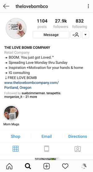 مثال على السيرة الذاتية لملف تعريف الأعمال في Instagram مع عرض منthelovebombco.