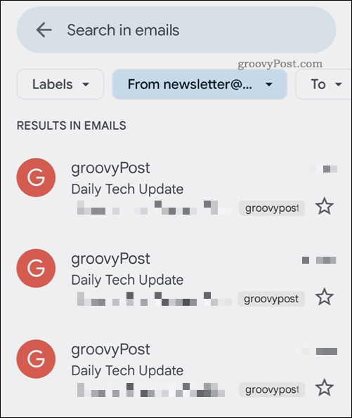 نتائج البحث في تطبيق Gmail