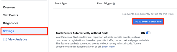 استخدم أداة إعداد حدث Facebook ، الخطوة 2 ، انتقل إلى زر أداة إعداد الحدث ضمن علامة التبويب الإعدادات