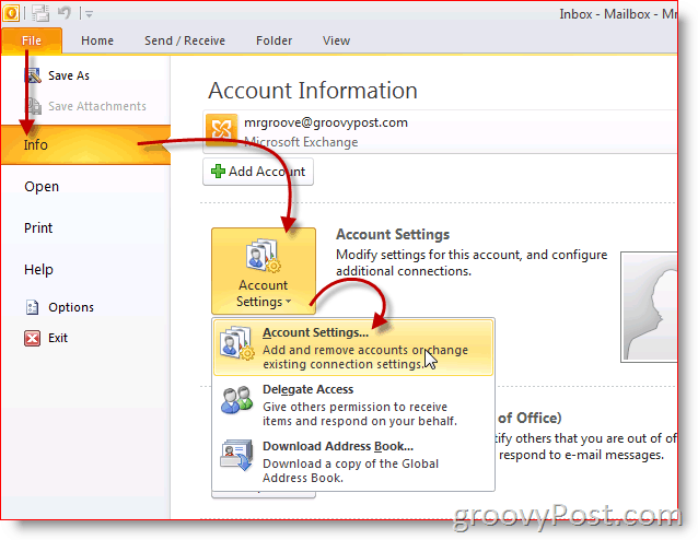 إعدادات حساب لقطة شاشة Outlook 2010