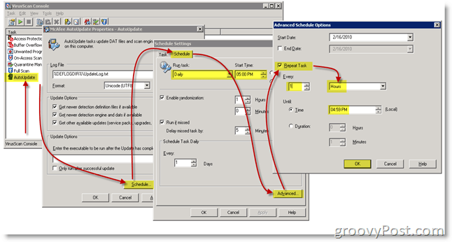 تكوين McAfee VirusScan للتحقق من التحديثات كل ساعة
