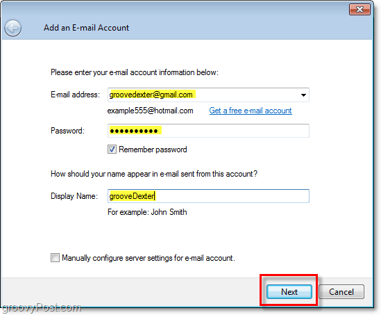 أدخل بيانات اعتماد حساب البريد الإلكتروني في بريد Windows المباشر