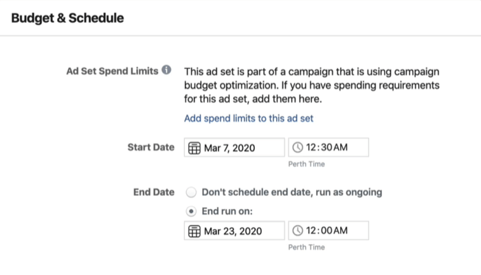 قسم الميزانية والجدول على مستوى مجموعة الإعلانات في Facebook Ads Manager