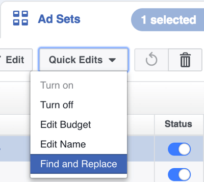 في Power Editor ، انقر فوق Quick Edits وحدد Find and Replace من القائمة المنسدلة.