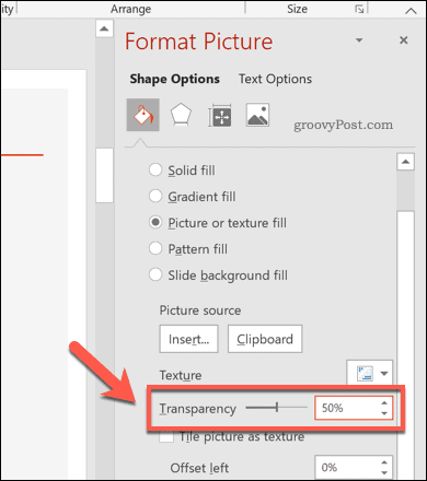 مستوى الشفافية المعدل لشكل PowerPoint