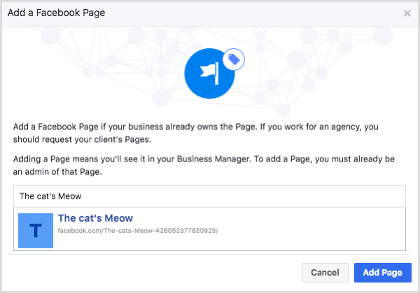 حدد صفحة Facebook الخاصة بك وانقر فوق إضافة صفحة.