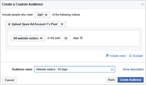 اختر خيارات لإعداد جمهور Facebook مخصص لجميع زوار موقع الويب في آخر 30 يومًا