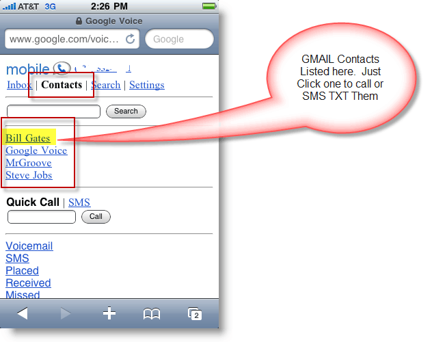 قائمة جهات اتصال Google Voice Mobile