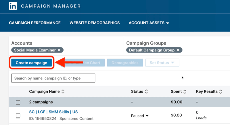 مثال على لوحة تحكم إعلانات مدير الحملة LinkedIn مع تمييز زر إنشاء الحملة