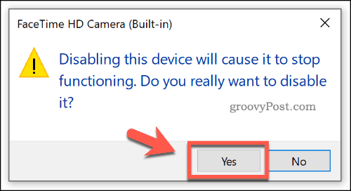 تأكيد تعطيل الجهاز في إدارة الأجهزة على نظام التشغيل Windows 10