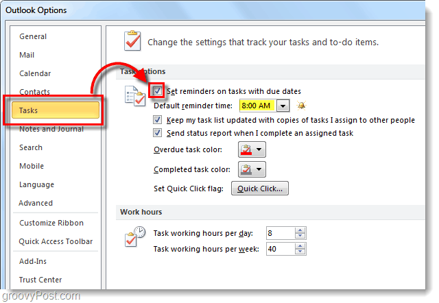 كيفية إعداد تذكير المهام الافتراضية لبرنامج Outlook 2010