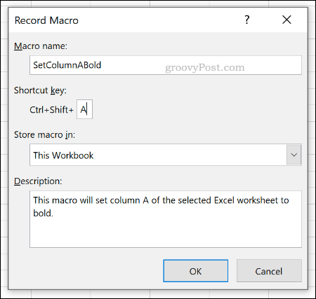 قائمة خيارات تسجيل الماكرو في Excel