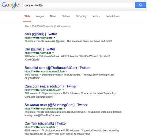 نتائج ملف Twitter الشخصي في google ، ابحث عن سيارات على Twitter