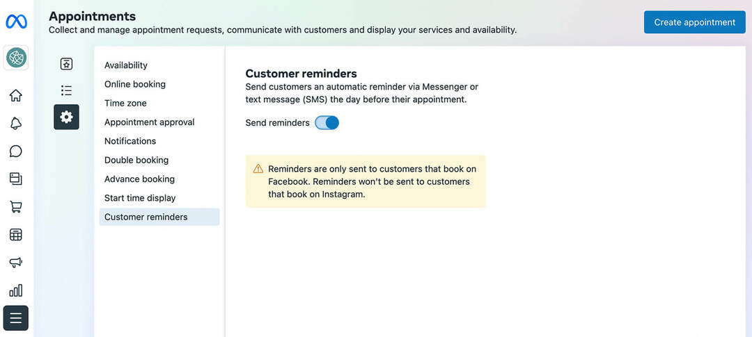 كيفية إدارة المواعيد المحجوزة أو الحجوزات من خلال meta-business-suite-send-remers-panel-click-settings-tab-select-customer-التذكيرات-click-toggle-to-enable-example- 19