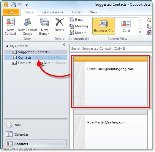 حفظ جهات الاتصال المقترحة في برنامج Outlook 2010