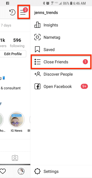 خيار إغلاق الأصدقاء من ملف تعريف Instagram.