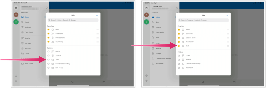 Microsoft Outlook على iPad ، المجلدات المفضلة