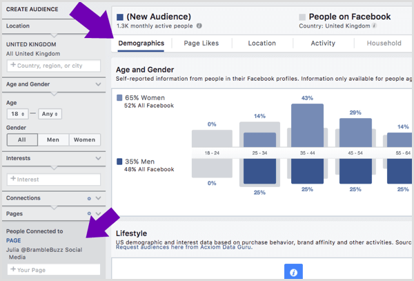 عرض التفاصيل الديموغرافية للجمهور الذي يحب صفحة معينة على Facebook.