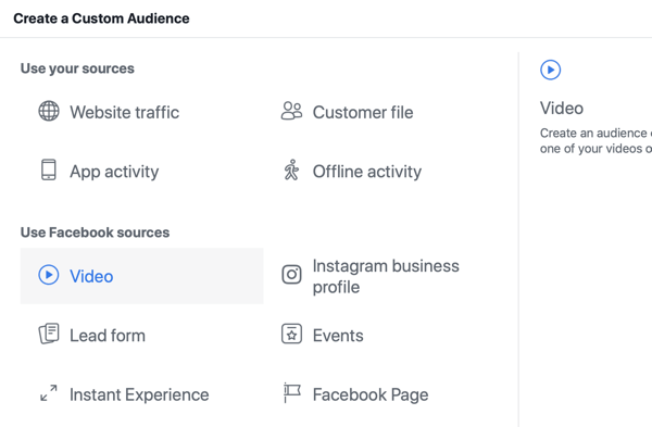 كيفية الترويج لحدثك المباشر على Facebook ، الخطوة 8 ، قم بإنشاء جمهور مخصص في Facebook Ads Manager بناءً على مشاهدات الفيديو
