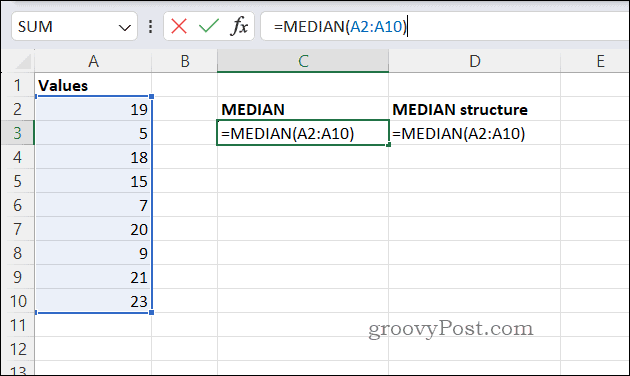 مثال على صيغة MEDIAN في Excel