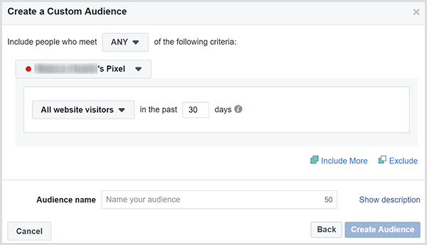 يحتوي مربع حوار Facebook Create a Custom Audience على خيار لاستهداف الإعلانات لجميع زوار موقع الويب في غضون عدد معين من الأيام.