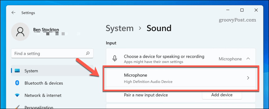 افتح جهاز الميكروفون في إعدادات الصوت لنظام التشغيل Windows 11