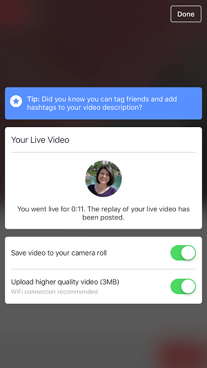 الملف الشخصي الفيسبوك خيار يعيش الفيديو لحفظ الفيديو