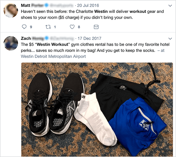هذه لقطة شاشة من التغريدات حول برنامج ويستن لتأجير الملابس الرياضية. يقول جاي باير إن برنامج التأجير هو مثال على محفز الحديث.