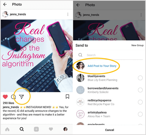 ابحث عن خيار إضافة منشور إلى قصتك لمعرفة ما إذا كان لديك حق الوصول إلى ميزة إعادة مشاركة Instagram.