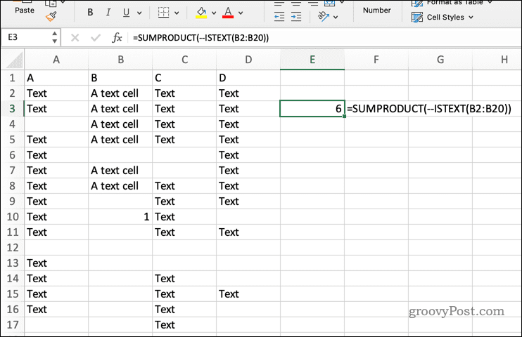 استخدام SUMPRODUCT مع ISTEXT في Excel