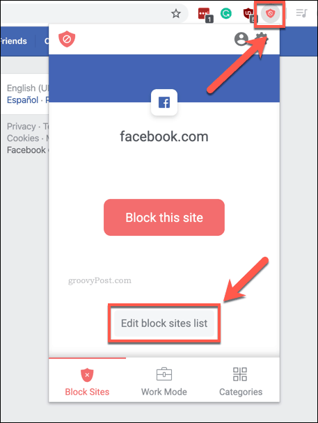 خيار Chrome BlockSite تعديل قائمة مواقع الحظر