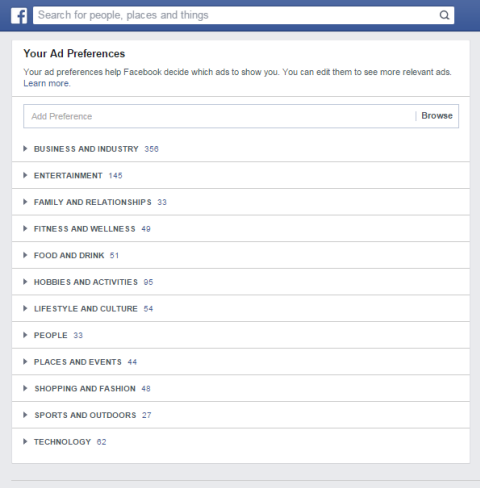 فئات تفضيلات الإعلان الفيسبوك