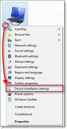 في قائمة السياق بجهاز الكمبيوتر الذي يعمل بنظام التشغيل windows 7 وانتقل إلى إعدادات تثبيت الجهاز