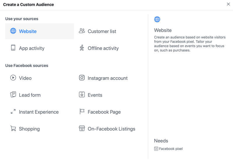 خيارات قائمة الجمهور المخصصة لإعلان فيسبوك مع تحديد خيار مصدر الموقع