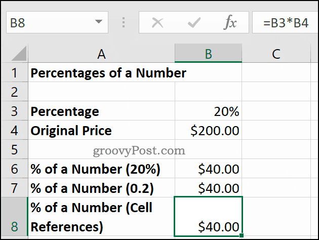 النسب المئوية للرقم الموضح في Microsoft Excel